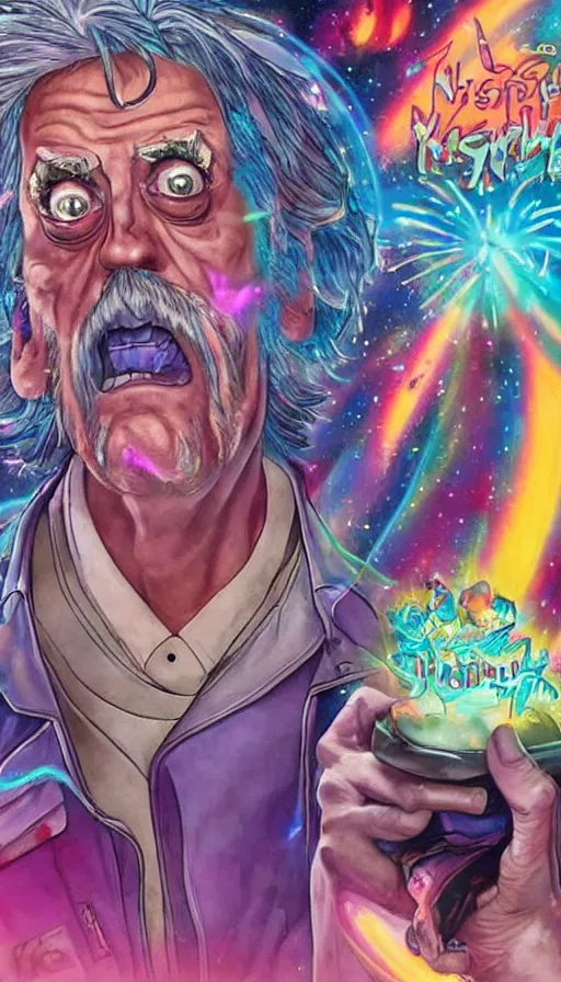 Prompt: Christopher Lloyd as Rick Sanchez by Noriyoshi Ohrai and Lisa Frank