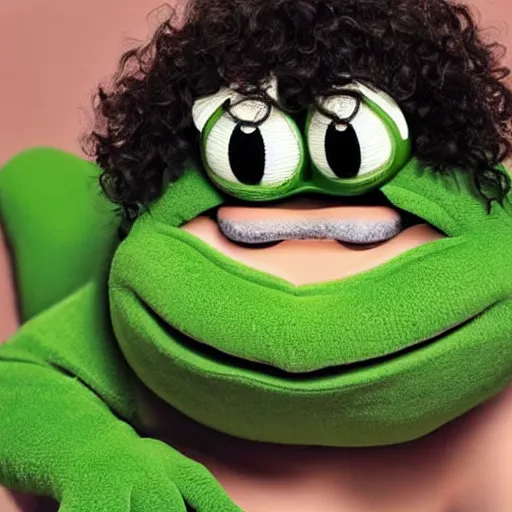 Image similar to pepe the frog with curly hair as a hot girl