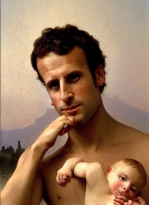 Prompt: Emmanuel Macron In the style of william adolphe bouguereau, Barefoot