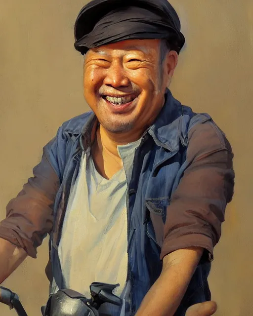 Image similar to greg manchess portrait painting of smiling creepy asian middle age man, sitting on moped motorbike burning on fire, medium shot, asymmetrical, profile picture, organic painting, sunny day, matte painting, bold shapes, hard edges, street art, trending on artstation, by huang guangjian and ail elvgren and sachin teng