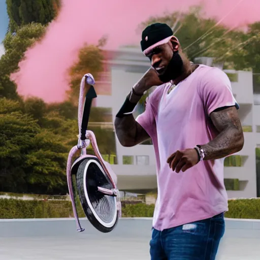 Image similar to paparazzi photo of Lebron James on a pink scooter in a skatepark, ultra high definition, professional photography, dynamic shot, smiling, high angle view, portrait, Cinematic focus, Polaroid photo, vintage, neutral colors, soft lights, foggy, by Steve Hanks, by Serov Valentin, by lisa yuskavage, by Andrei Tarkovsky 8k render, detailed, oil on canvas