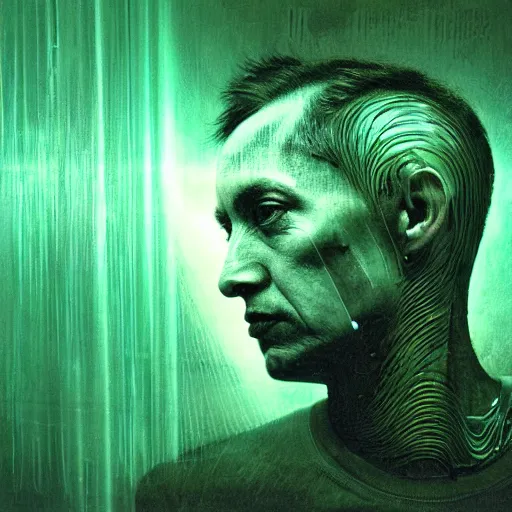 Image similar to expressive portrait of the digitally glitched soul, data, dramatic lighting, god rays, edges, universal background, facial expression, atmospheric lighting, motion design, by Beksinski, maze, sharp focus