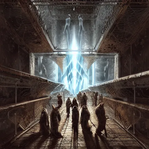 Prompt: future disciples of Pythagoras, in perfect frozen symmetrical world, sinner cataclysm, dynamic lighting, deus ex machina, primeval duality, cinematic, establishing shot, extremely high detail, photo realistic, cinematic lighting, oil painting, intricate line drawings, 8k resolution