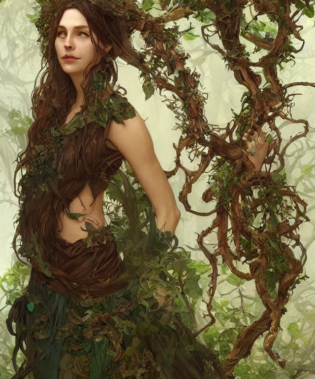 Prompt: a woman druid wearing leaf and vine themed clothing, fully clothed, pet animal, D&D, fantasy, intricate, cinematic lighting, highly detailed, digital painting, artstation, concept art, smooth, sharp focus, illustration, art by Artgerm and Greg Rutkowski and Alphonse Mucha