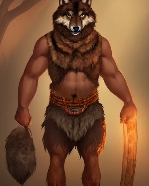 Image similar to burly tough character feature portrait of the anthro male anthropomorphic wolf fursona animal person wearing tribal primitive caveman loincloth outfit belt standing in the entrance to the cave, center framed character design stylized by charlie bowater, ross tran, artgerm, makoto shinkai, detailed, soft lighting, rendered in octane