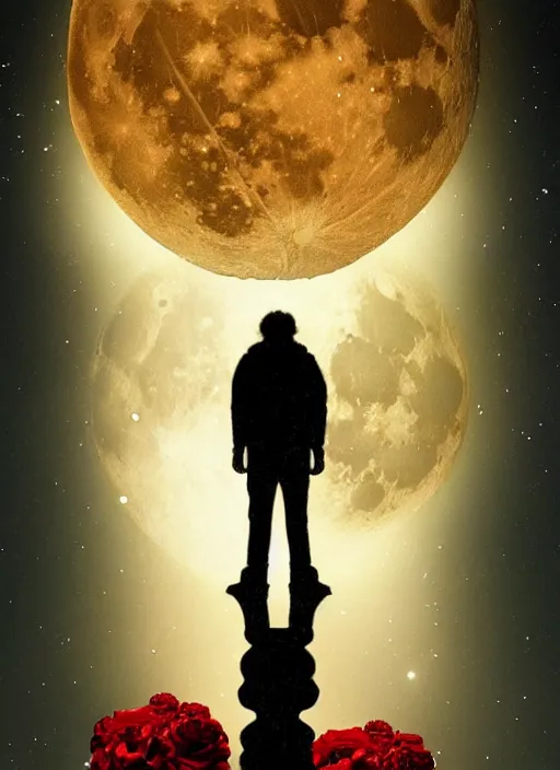 Image similar to Big glowing moon is very important in that image, red and golden color details, portrait, A crow with red eyes in front of the full big moon, book cover, red roses, red white black colors, establishing shot, extremly high detail, foto realistic, cinematic lighting, by Yoshitaka Amano, Ruan Jia, Kentaro Miura, Artgerm, post processed, concept art, artstation, raphael lacoste, alex ross, portrait, A crow with red eyes in front of the full big moon, book cover, red roses, red white black colors, establishing shot, extremly high detail, photo-realistic, cinematic lighting, by Yoshitaka Amano, Ruan Jia, Kentaro Miura, Artgerm, post processed, concept art, artstation, raphael lacoste, alex ross