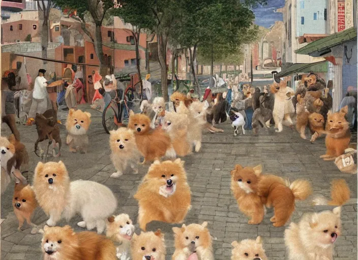 Prompt: too many pomeranians in the street, idealized pleasant fresco of a suburban area, trending on pixiv, brilliant pomeranian puppies in the street.
