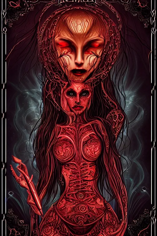 Image similar to ai illustration of demoness and her book of necronomicon, symmetrical, cinematic, sharp focus, 4 k, ultra hd, sense of awe, sinister demonic atmosphere, dreadful, forbidden knowledge, old gods. demonology journal cover