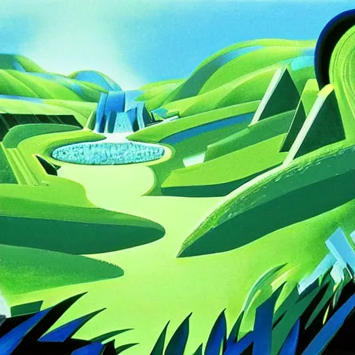 Prompt: beautiful painting of green hill zone from sonic the hedgehog painted by eyvind earle, 1 9 5 0 s, gouache on paper, high quality, vivid colors