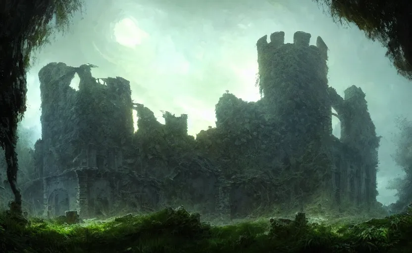 Image similar to ruins of an old castle covered by plants with moody and cinematic lighting by greg ruthkowski and craig mullins and caspar david friedrich, cinematic and atmospheric, concept art, artstation, trending on artstation