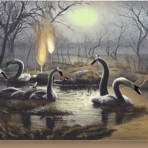 Image similar to painting hr giger tent in a landscape, swans in a pond, floral ornaments light beams night, ashley wood