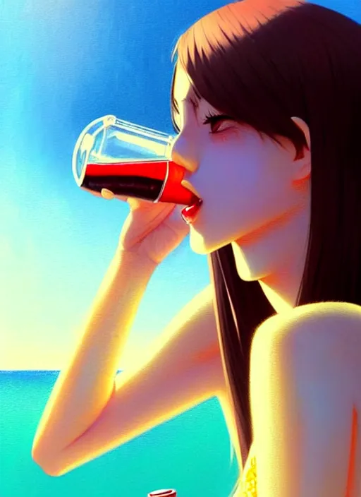 Image similar to full body picture of a extremely beautiful and attractive and cute and aesthetic girl drinking a coke, highly detailed face, very thirsty, dripping on the body, sharp focus, shiny day on the beach, specular reflection, occlusion shadow, trending on artstation, epic light novel cover art, art by ilya kuvshinov and sakimichan and jeremy lipking