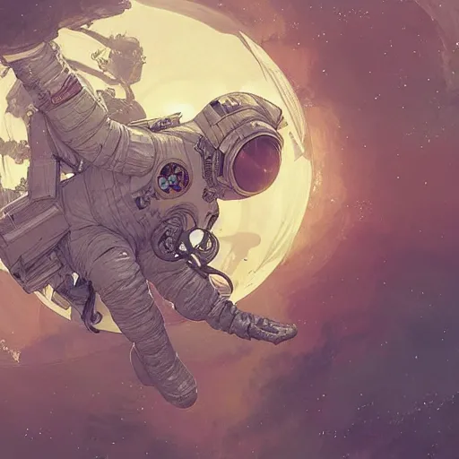 Prompt: An astronaut floating through space, D&D, fantasy, intricate, cinematic lighting, highly detailed, digital painting, artstation, concept art, smooth, sharp focus, illustration, art by Akihiko Yoshida, Greg Rutkowski and Alphonse Mucha