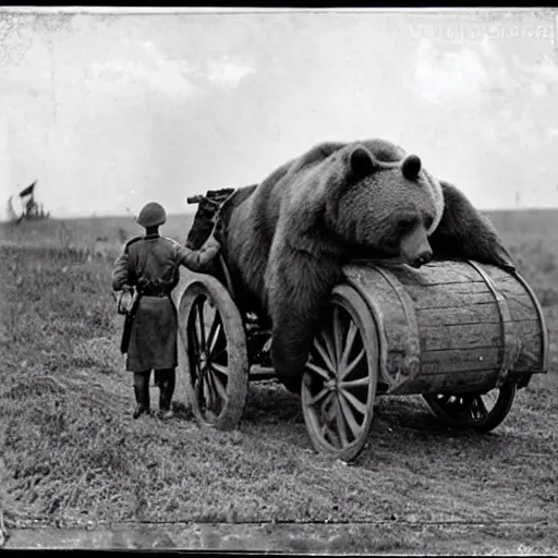 Image similar to a picture of a giant bear pulling a towed canon on wheel behind his back, eastern front, ww 2, historical picture