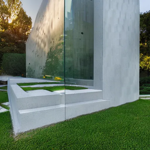Prompt: extremely detailed non-Euclidean. stunning sophisticated thin beautiful house of 7 cantilevered construction levels made of plastic balls , stunning volumetric light, sunset, multi-colored concrete and glass and translucent material, stunning ski, manicured zen carved lawn, drawing by Giacomo Burattini and Shania McDonagh and grok, 8k