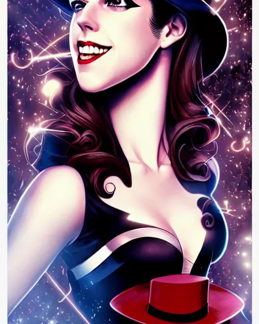 Prompt: beautiful Anna Kendrick Zatanna DC Comics floating on stage, wearing a top hat, symmetrical face symmetrical eyes, smiling, fantasy, intricate details, atmospheric, elegant, concept art, art by artgerm and eiichiro oda, Joshua Middleton art