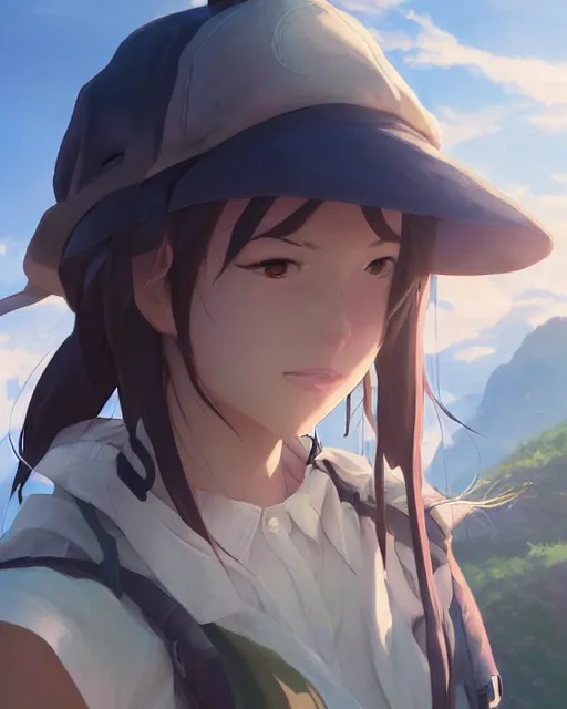 Prompt: a girl on a hike, very sexy outfit, medium shot, visible face, detailed face, perfectly shaded, atmospheric lighting, by makoto shinkai, stanley artgerm lau, wlop, rossdraws