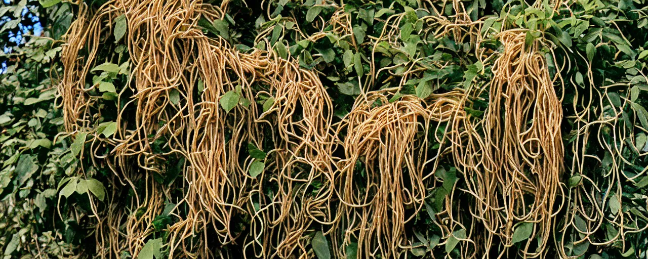 Prompt: spaghetti growing on a bush, in nature, in the style of carl warner, canon 2 0 mm, photograph, kodachrome