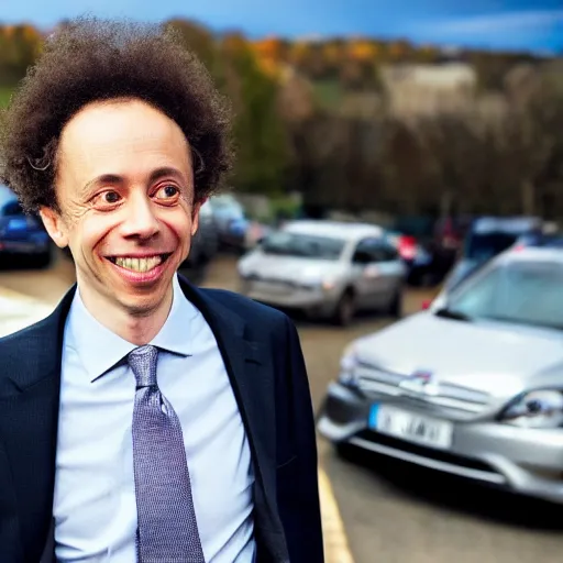 malcolm gladwell happily driving a car stuck in traffic Stable