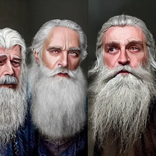 Image similar to shorter in stature than the other two ; but his long white hair, his sweeping silver beard, and his broad shoulders, made him look like some wise king of ancient legend. in his aged face under great snowy brows his eyes were set like coals that could suddenly burst into fire