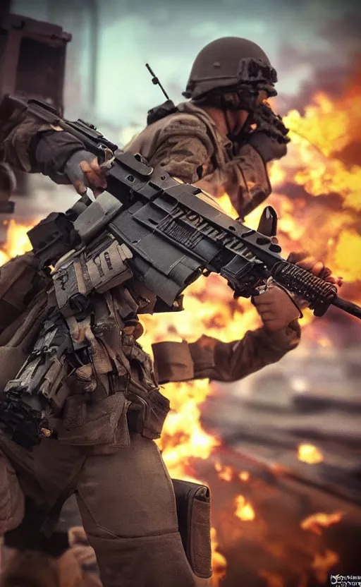 Prompt: an escalating violent firefight, highly detailed, high resolution, action figure, collection product, stunning, girls frontline style, bokeh soft, 100mm, trending on instagram, by professional photographer, realistic human anatomy, realistic military carrier, modern warfare, realistic weapon, shot with a arriflex 35 ii, low saturation