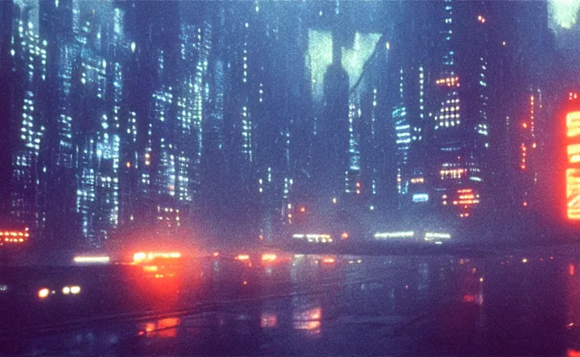 Prompt: 35mm photography film still landscape of Blade Runner 1982 city with industrial fires and smog, futuristic dystopian megacity skyline, hard rain falling, matte painting, cyberpunk noir, neon