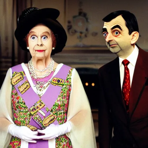 Prompt: Mr. Bean as queen Elizabeth