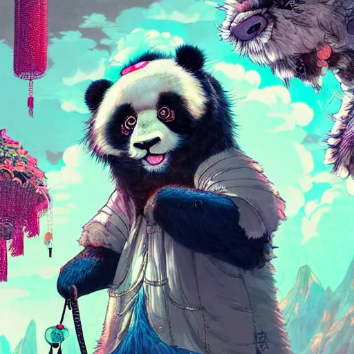 Image similar to a beautiful hyperdetailed character design 4 k wallpaper illustration of a cute panda with a chinese lion dance head victo ngai cyberpunk style, from china, style of studio ghibli, makoto shinkai, raphael lacoste, louis comfort tiffany, artgerm, james jean, ross tran, chinese style