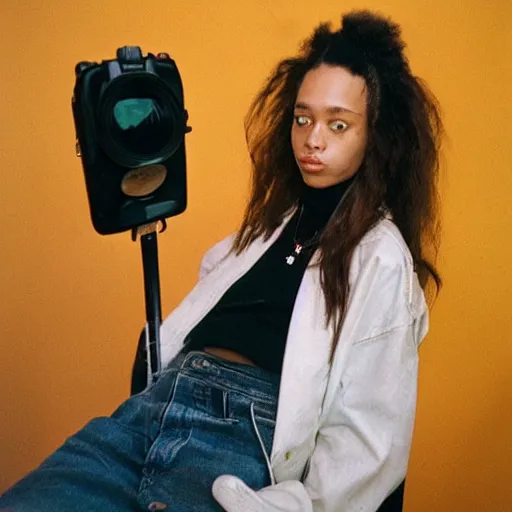 Image similar to realistic! photoshoot for a new vetements lookbook, color film photography, portrait of a beautiful woman, location in a apartment, in style of tyler mitchell, 35mm