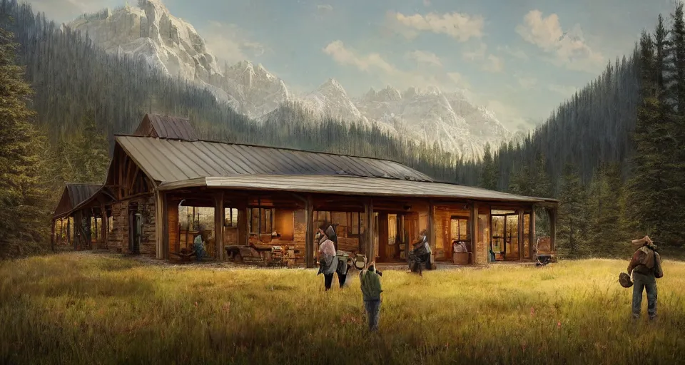 Image similar to cabela's beautiful comfortable modular pop - up insulated all terrain family dwelling, cabin,, person in foreground, mountainous forested wilderness open fields, beautiful views, painterly concept art, joanna gaines, environmental concept art, farmhouse, magnolia, concept art illustration, by james gurney, by craig mullins, by greg rutkowski trending on artstation