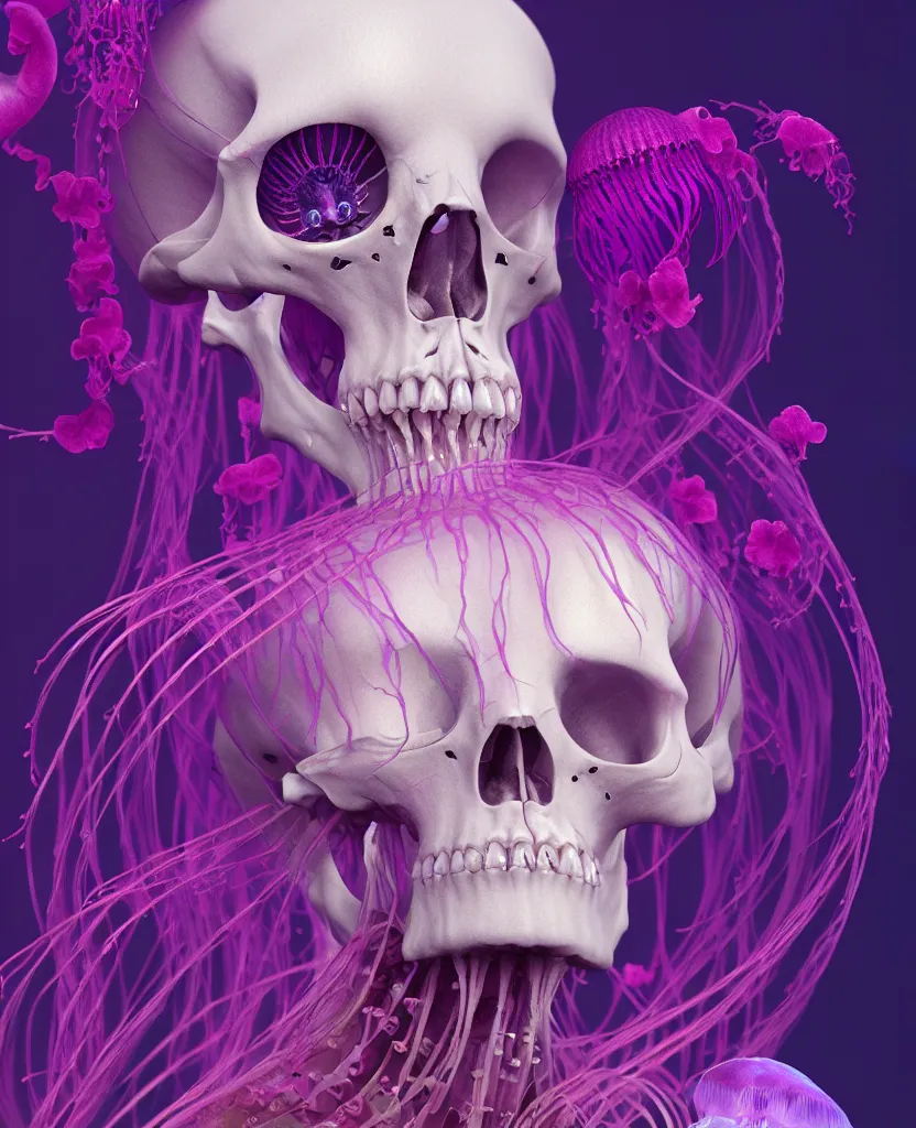 Image similar to goddess close - up portrait human skeleton, ram skull, jellyfish, orchid, betta fish, bioluminiscent, intricate artwork by tooth wu and wlop and beeple. octane render, trending on artstation, greg rutkowski very coherent symmetrical artwork. cinematic, hyper realism, high detail, octane render, 8 k