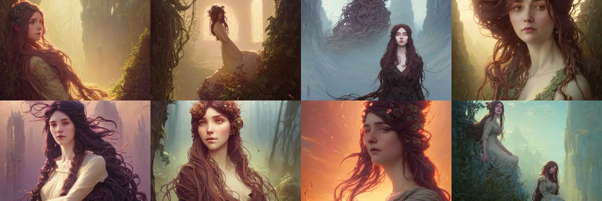 Image similar to highly detailed portrait of a woman with long hairs, stephen bliss, unreal engine, fantasy art by greg rutkowski, art nouveau, loish, rhads, ferdinand knab, makoto shinkai and lois van baarle, ilya kuvshinov, rossdraws, tom bagshaw, alphonse mucha, global illumination, radiant light, detailed and intricate environment