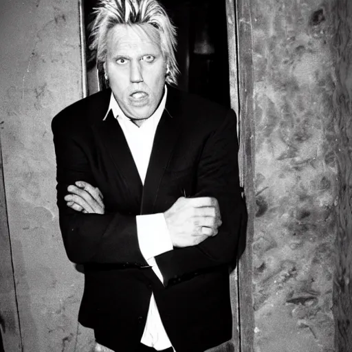 Image similar to gary busey, dirty in his face, wearing a messed up business suit