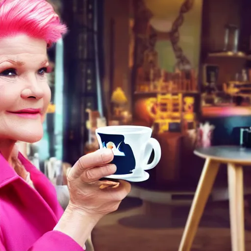 Image similar to captain janeway sharing coffee with a robotic fox with pink hair, inside a french cafe, real life photo, hdr 8 k advertising photography, studio lighting