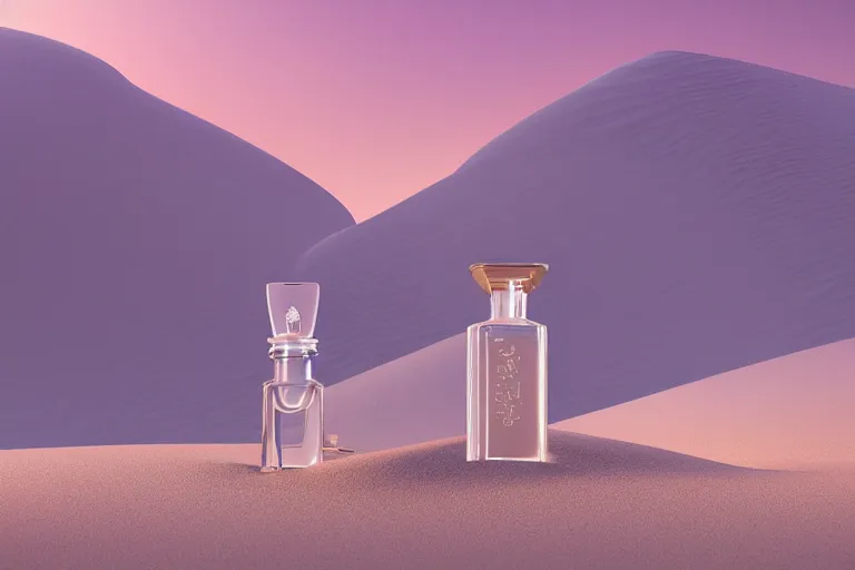 Image similar to perfume bottle buried in zen oasis hotspring by peter tarka in the middle of a desert with little flowers, soft lilac skies, silky smooth, dramatic, mid day, sand dune background, large scale, wind - swept, lots of detail, realistic lighting, octane render, by wlop, artgerm, trending on artstation