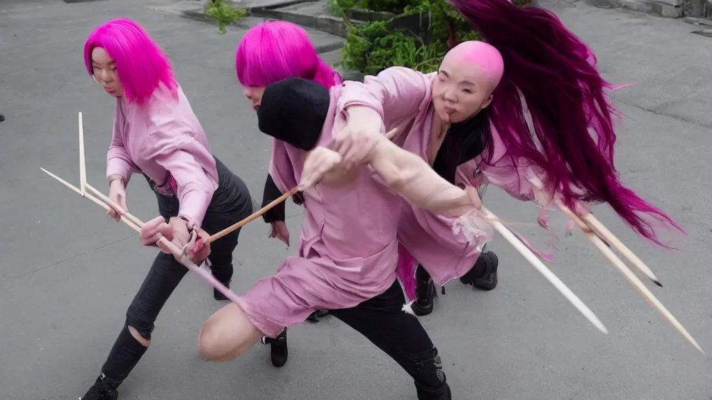 Prompt: person with pink hair and a knife fighting an asian person with chopsticks, cinematic, 4 k