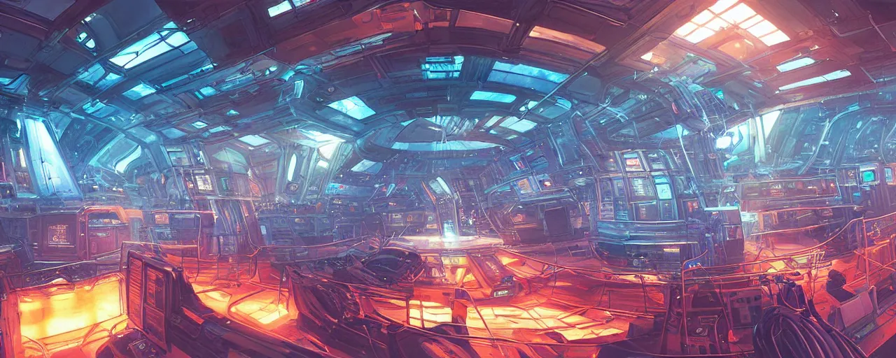 Image similar to interior of the TARDIS , time rotor, thick blue mist, low ceiling, cables hanging from ceiling, thick cables on ground, god rays of light, huge computer screens, neons, saturated top light , epic scene, panoramic, scifi, illustration, art by Juan Giménez and moebius