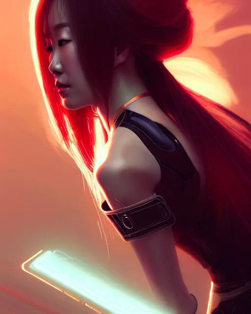 Prompt: kim hyun joo as an android, rose hair, cyborg, warframe, cinematic, illuminated, sunny, beautiful girl, advanced technology, futuristic, digital painting by ilya kuvshinov, akiko takase, eugene gottsnake, stanislav istratov and su fu and antoine collignon