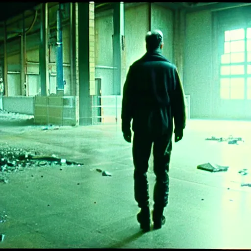 Prompt: runaway replicant standing in a dirty abandoned factory, still from closed circuit tv footage, high angle