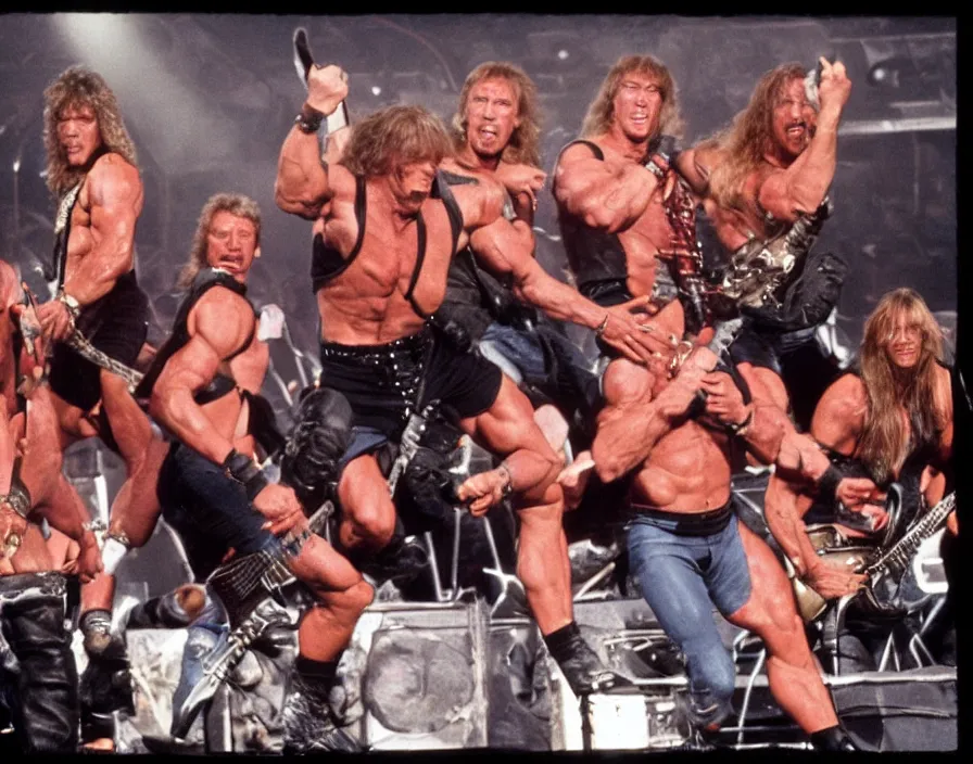 Image similar to colour photo off arnold schwarzenegger, sylvester stallone, dolph lundgren, Chuck Norris and Jean-Claude Van Damme in a heavy metal band, playing guitars, drums, on stage at monsters of rock 1985, pyrotechnics, vivid colors, daylight, photo real, Eastman EXR 50D 5245/7245, close-up action first-person perspective