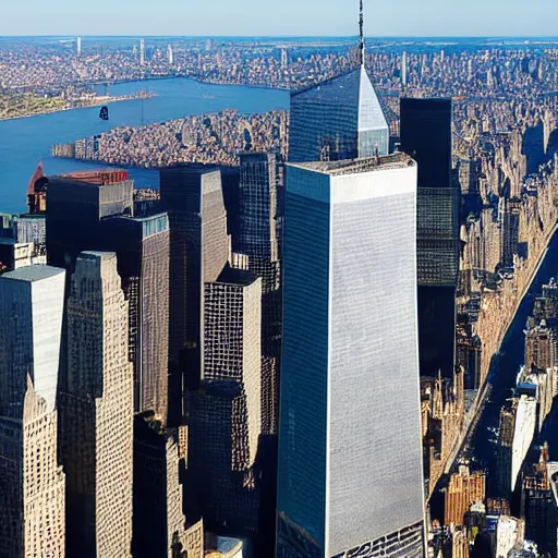 Prompt: World Trade Center twin towers, modern New York, high angle shot