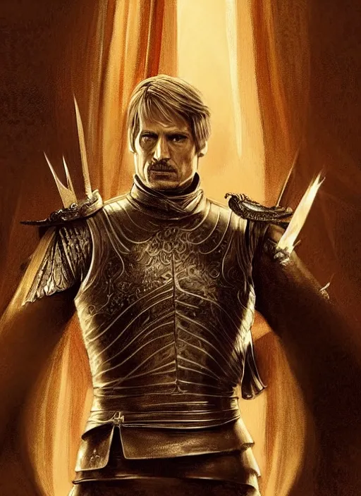 Image similar to jaime lannister, game of thrones, super highly detailed, professional digital painting, concept art, smooth, sharp focus, no blur, no dof, extreme illustration, unreal engine 5, photorealism, hd quality, 8 k resolution, cinema 4 d, 3 d, beautiful, cinematic, art by artgerm and greg rutkowski and alphonse mucha and loish and wlop