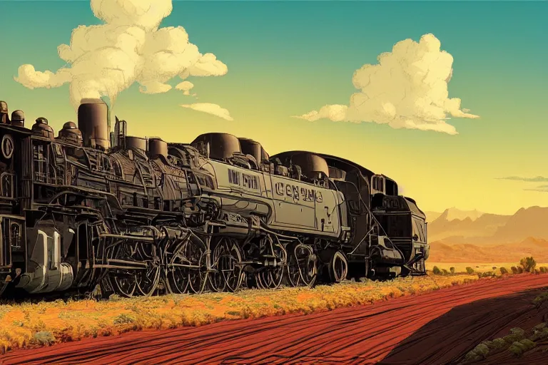 Image similar to old western freight train illustration by joe fenton and syd mead, artstation, 4 k, graphic novel, concept art, matte painting, steam engine spewing billowy white clouds of steam, beautiful idyllic mountain desert sunset background, golden hour