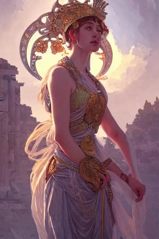Prompt: portrait goddess athena, in ruined Agora of Athens Sunrise, ssci-fi and fantasy, intricate and very beautiful and elegant, highly detailed, digital painting, artstation, concept art, smooth and sharp focus, illustration, art by tian zi and WLOP and alphonse mucha