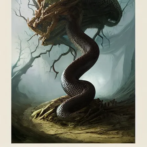 Prompt: a tree in the shape of a snake, by greg rutkowski, magic the gathering, highly detailed