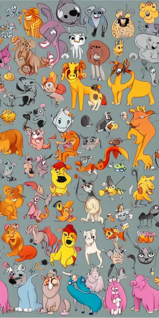 Prompt: lots of different cartoon animals in lots of different styles