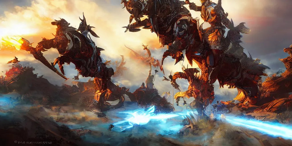 Prompt: guild wars 2, cinematic battlefield, god rays, digital art, high detail by Tristan Eaton