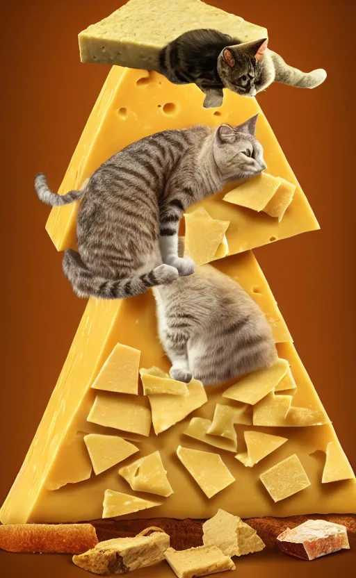 Prompt: A Pyramid made of cheese with a cat's head on top of it, high quality, extremely detailed, atmospheric octane render