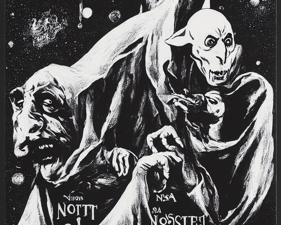 Image similar to a vintage horror movie poster featuring Nosferatu in space