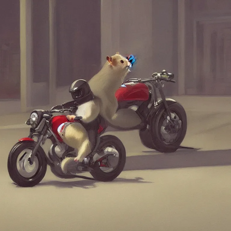 Image similar to a storybook illustration of a cute hamster riding a racing motorcycle, quiet night foggy scene painted by Edward Hopper masterpiece, intricate, elegant, fantasy, highly detailed, digital painting, concept art, sharp focus, artstation